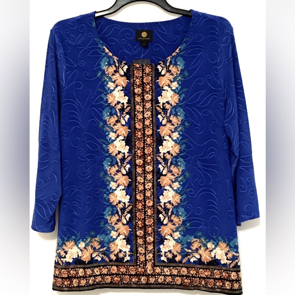 JM Collection Jacqaurd Petite PXL Lazulite Blue Combo 3/4 Sleeve Scoop Neck Top